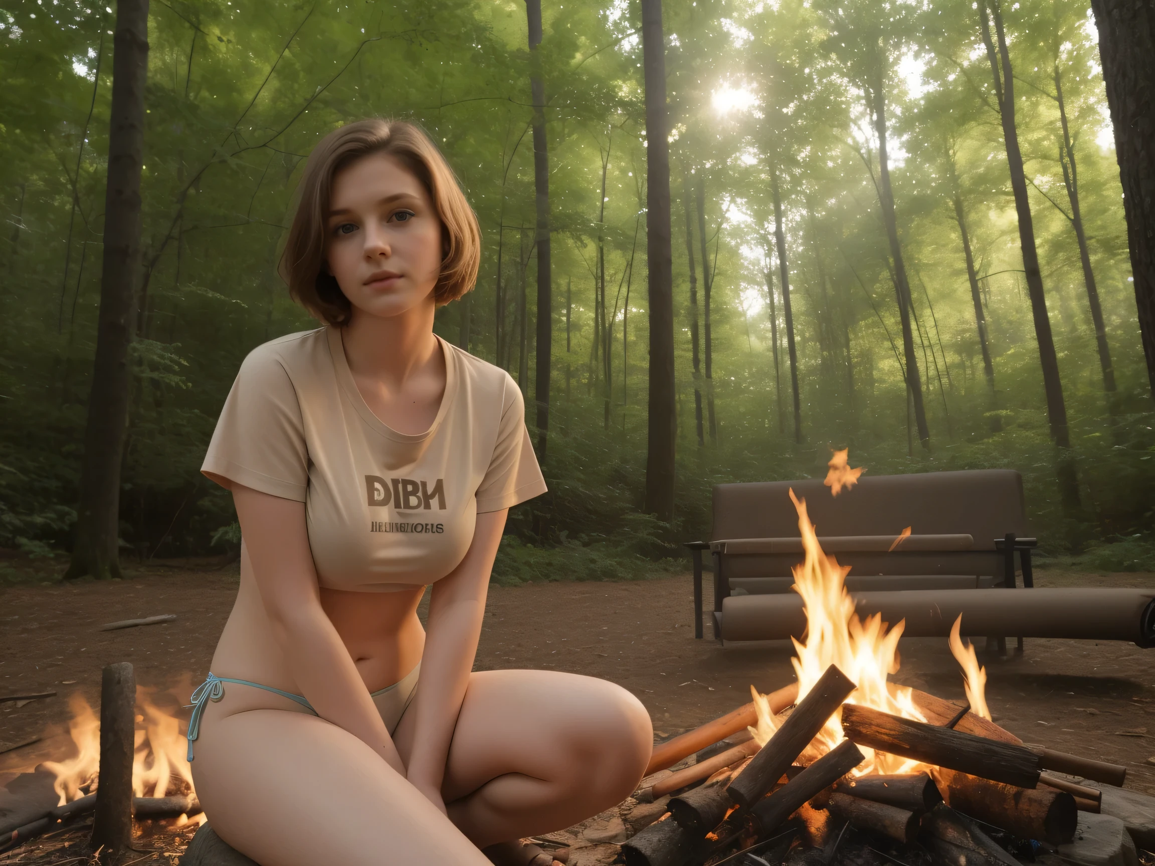 A toppless Velma Dinkley on a sleeping bag nude, a campfire and tent in the woods in the background 