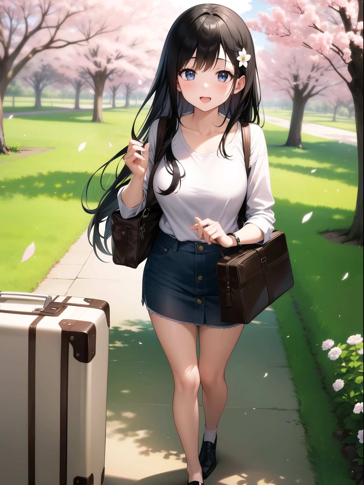 A young woman with long black hair、Wearing a floral vest over a white shirt、Carrying a suitcase、She is wearing a white flower hair accessory.。She has a bright and cheerful look、Standing in front of the Hiroshima Dome。Cherry blossom trees in full bloom々Surrounded by、A scene of flower petals dancing in the air。The sky is clear and blue、It creates a vibrant atmosphere。