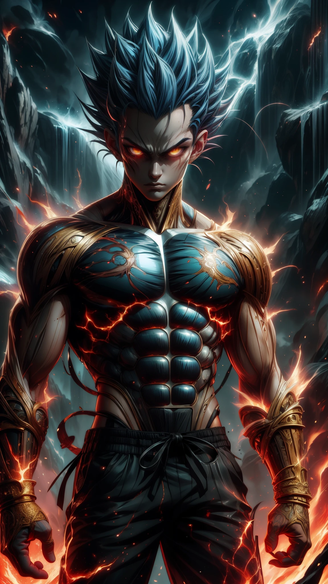 (Aesthetics, Hi-Res: 1.2), Get ready for a visual feast with 17 year old Vegeta, solo, brilliant blue hair and tattoos, a creature with a handsome face and piercing golden eyes . In his transformed state, he radiates extreme instinct and power, creating an epic animation of this energetic man. fire and lava in stunning anime artwork that will leave you in awe. This concept art comes straight from the Bleach Universe, with manga-style 8k wallpapers that will transport you to another dimension. Prepare to be amazed by this detailed work of digital anime art, representing the ultimate combination of style and power.