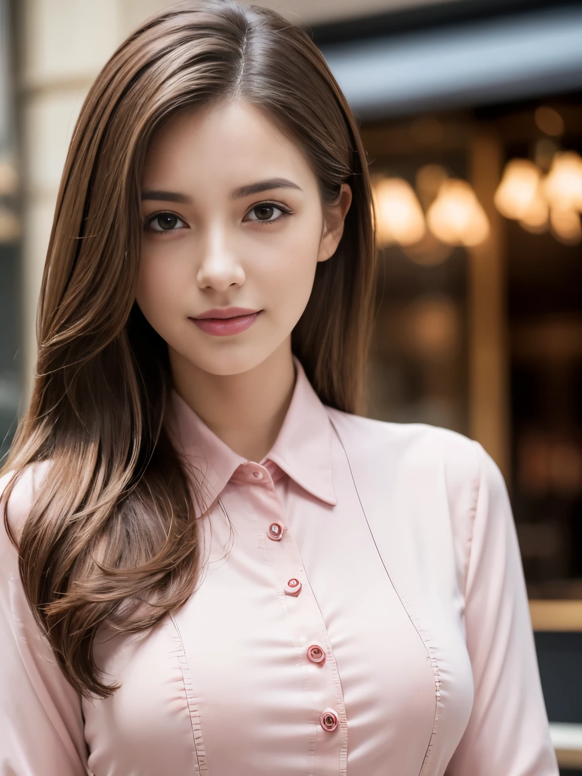 best quality, Realistically, Super detailed, Detailed pubic hair, high resolution, 8k wallpaper, 1 Beautiful woman, Pink moist lips, Light brown messy hair, Wearing a crimson suit, shirt, White Skirt, Lock focus, Perfect dynamic composition, beautiful eyes, Fine hair, Detailed Realistically skin texture, Smile, closeup portrait, Model figure, On the café's terrace, Blurred background, (full-body shot), Long-distance shooting, Random body orientation,