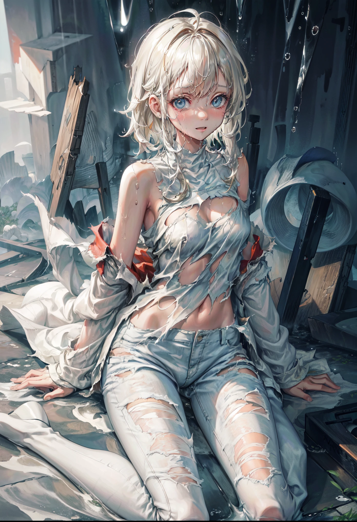 best image quality, masterpiece, super high resolution, (fidelity:1.4), photo, 1 girl, white shirt, torn jeans, white sneakers, dim, darkness, despair, pity, poor, movie, tears, teardrops, (torn clothes:1.5), (wet clothes:1.4), bare shoulders, real rain, wet hair,..Smile