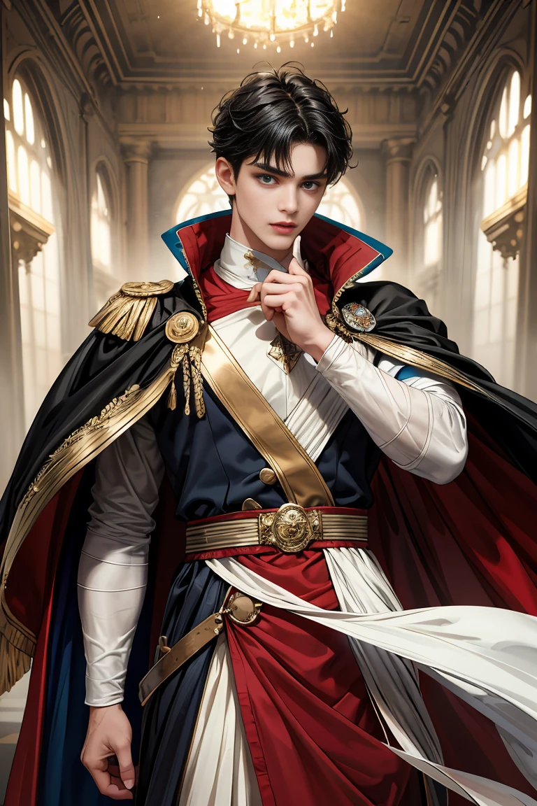 masterpiece, 最high quality, high quality, 1 boy, alone, Male focus, Watching the audience, Messy black hair, Adorable big blue eyes, White, Noble, Noble, Sexy Bomber Cape、A very voluminous, large, very large, very large, long, long red and black cape with a high stand-up collar, made of a lot of fabric that reaches down to the floor., 17 years old,Cute beautiful boys,Cute, cute, kind, handsome guy