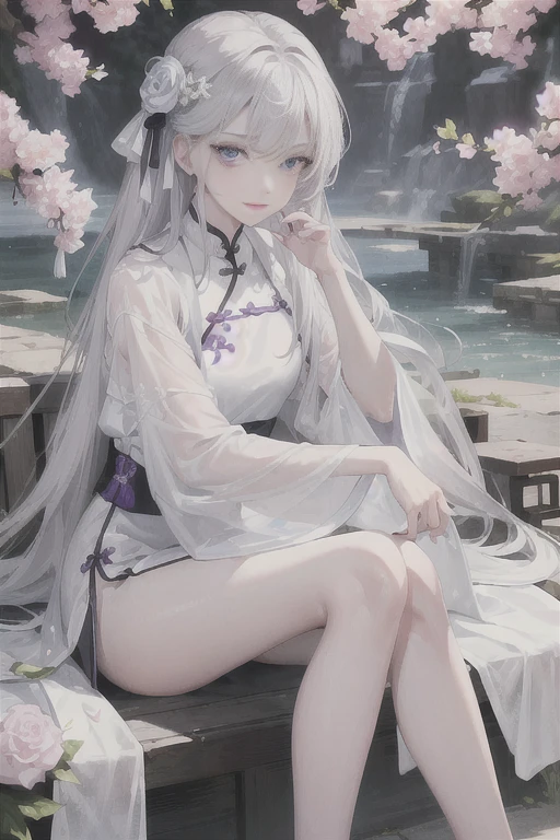 masterpiece, Excellent, daytime, outdoor, Falling Flowers, Branches, Chinese, China, 1 girl, Perfect Woman, woman with long silver hair, Gray blue eyes, Light pink lips, cold, Serious, boom, Purple Eyes, White clothes, Black clothing series, Delicate face, Delicate face, Sitting Legs, Smile
