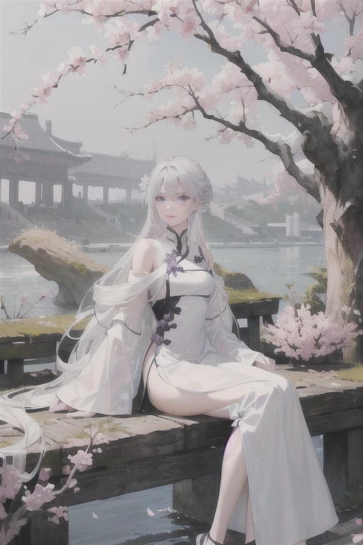 masterpiece, Excellent, daytime, outdoor, Falling Flowers, Branches, China人, China, 1 girl, Perfect Woman, Woman with long silver hair, Gray blue eyes, Light pink lips,  Serious, ,Purple Eyes, White clothes, , Delicate face, Delicate face, Sitting Legs, Smile