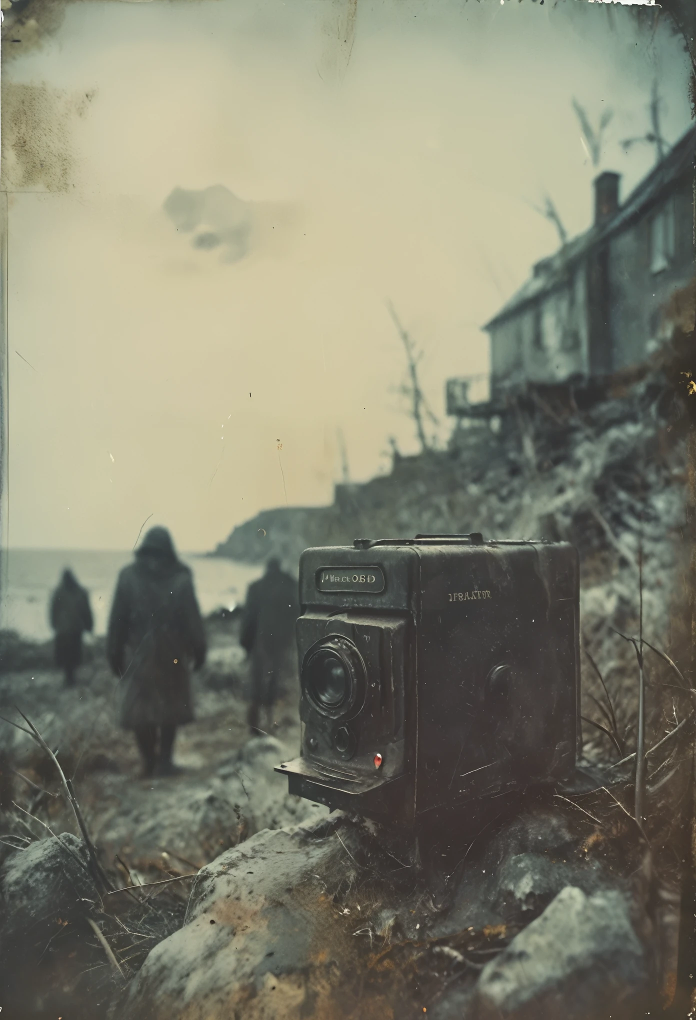 side-view, perspective, grainy, polaroid, 35mm vintage, super realistic old photo, old camera, heavy shading, eerie, horror, evil forces dominating local population, island, tundra, death