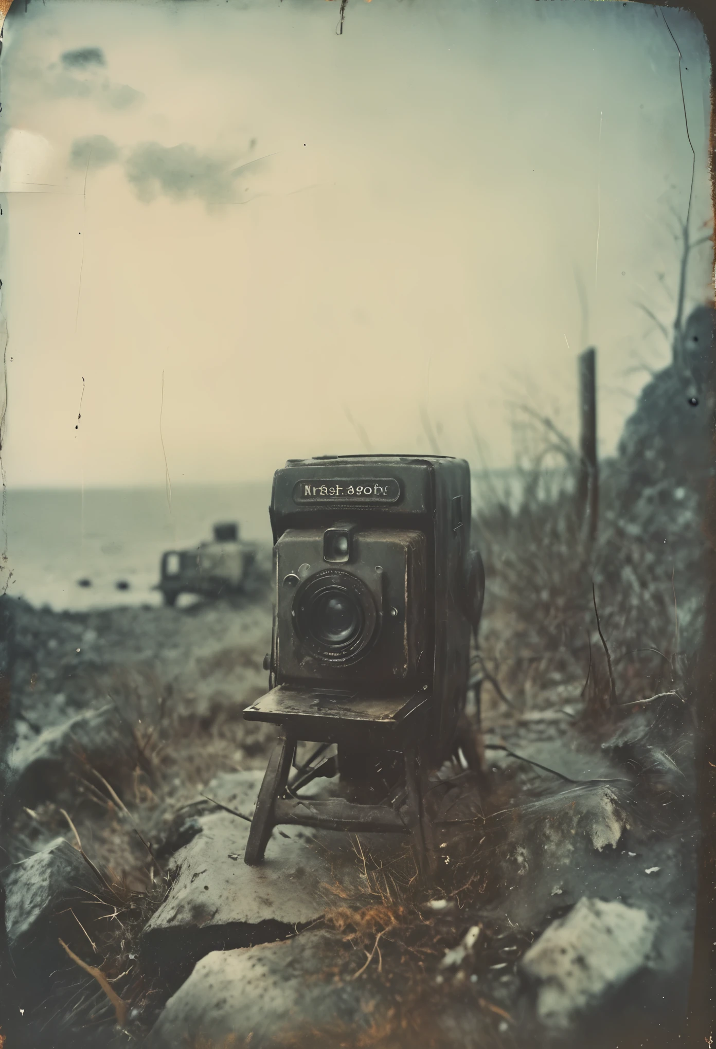 side-view, perspective, grainy, polaroid, 35mm vintage, super realistic old photo, old camera, heavy shading, eerie, horror, evil forces dominating local population, island, tundra, death