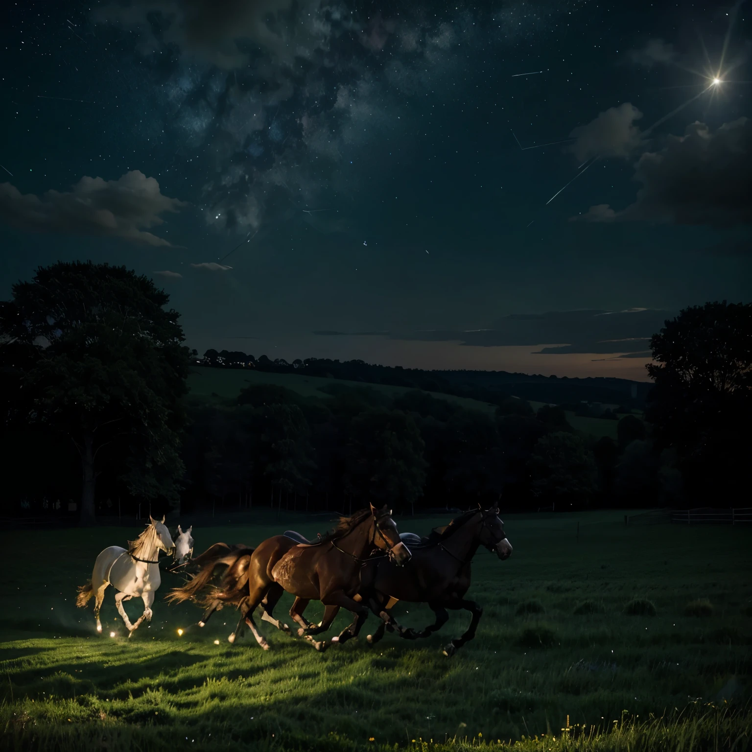 "Four horses running in a lush green meadow under a starry night sky. Realistic details, cinematic style, magical and epic atmosphere. Moonlight lighting, long shadows, cool, dark colors, Milky Way, dynamic composition."