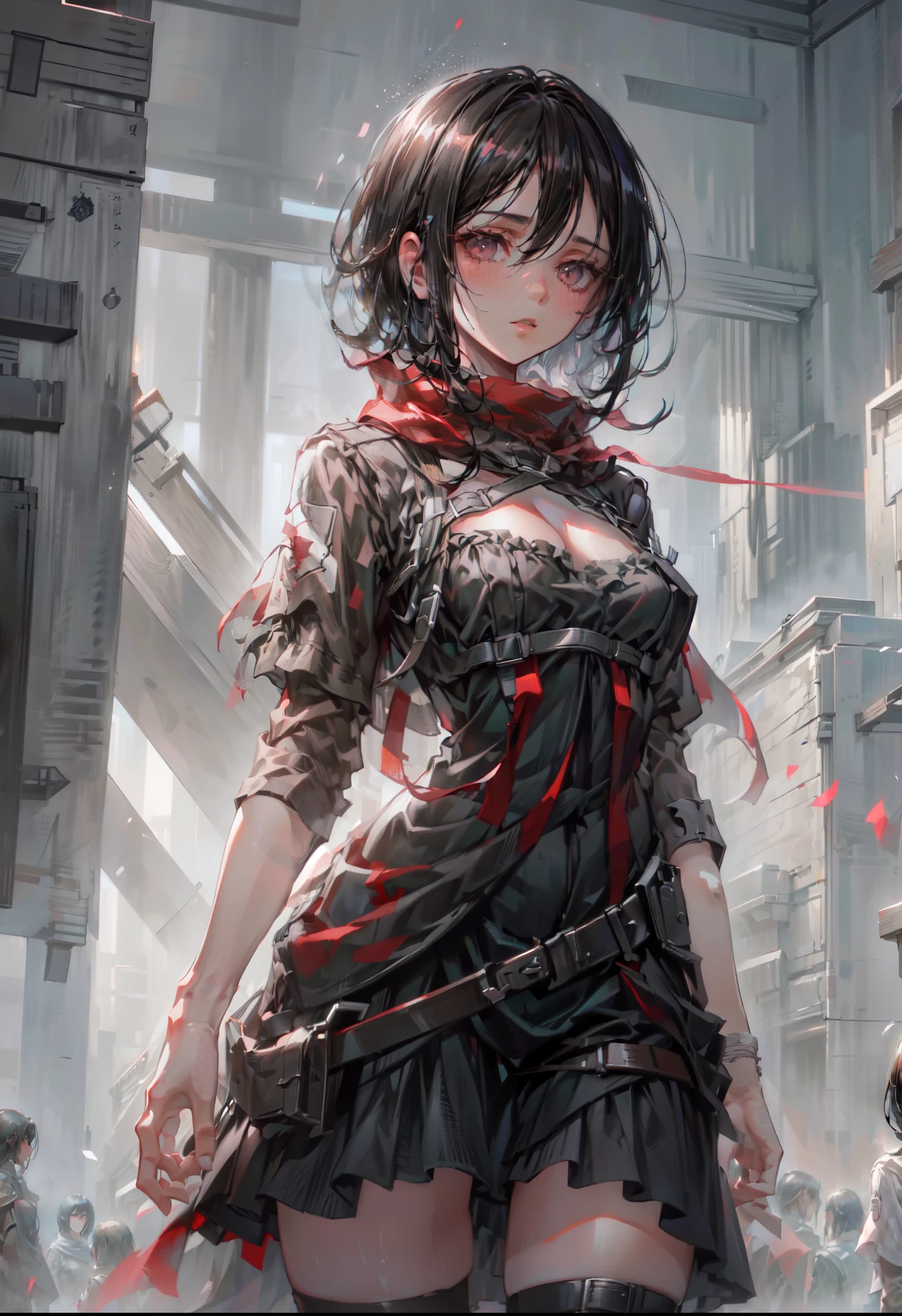 mikasa_ackerman|Mikasa, girl with short black hair, detailed beautiful black eyes, and a cleavage-revealing long dress, (best quality,4k,8k,highres,masterpiece:1.2),ultra-detailed,(realistic,photorealistic,photo-realistic:1.37),1girl,beautiful detailed eyes,beautiful detailed lips,extremely detailed eyes and face,longeyelashes,front,slim,blackhair,mauve eyes,long dress,cleavage, medium breasts,intricate,elegant,serene,warm lighting,soft colors