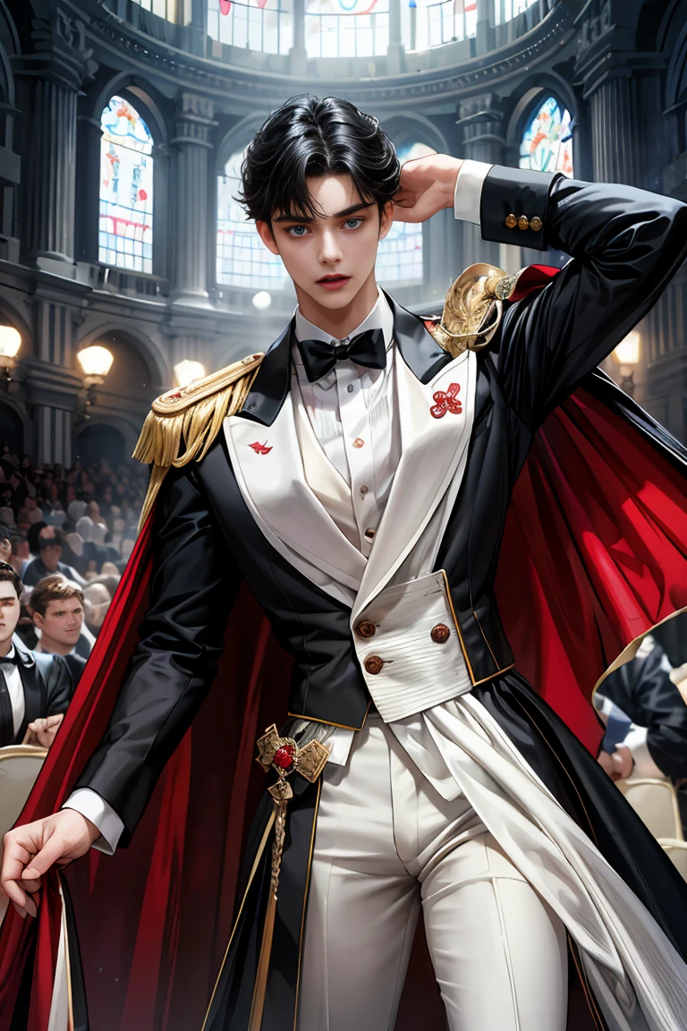 
masterpiece, 最high quality, high quality, 1 boy, alone, Male focus, Watching the audience,  Messy black hair, Adorable big blue eyes, White, Noble, Noble, Beautiful Vampire、Tuxedo、A very voluminous, large, very large, very large, long, long red and black cape with a high stand-up collar, made of a lot of fabric that reaches down to the floor., 17 years old,Cute beautiful boys,Cute, cute, kind, handsome guy