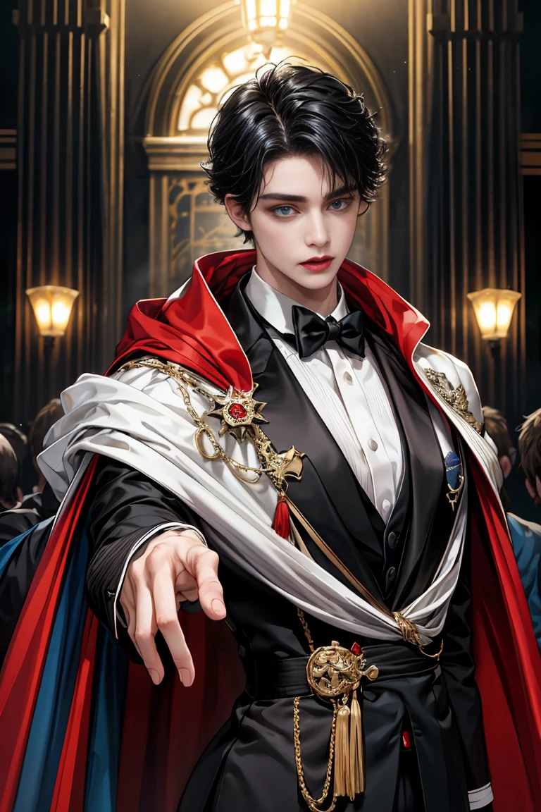 masterpiece, 最high quality, high quality, 1 boy, alone, Male focus, Watching the audience, Messy black hair, Adorable big blue eyes, White, Noble, Noble, Beautiful Vampire、Tuxedo、A very voluminous, large, very large, very large, long, long red and black cape with a high stand-up collar, made of a lot of fabric that reaches down to the floor., 17 years old,Cute beautiful boys,Cute, cute, kind, handsome guy