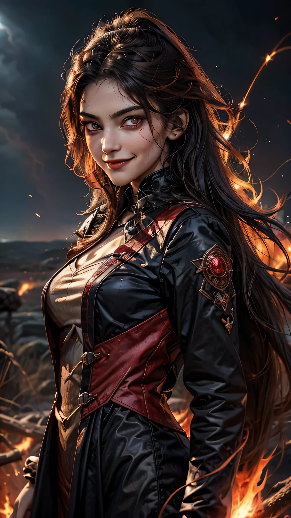 1girl, flying hair, red eyes, fire witch, blood on face, light particles, lightning rays, wallpaper, colorful, high contrast, vampire, smirk, evil smile, psychopathic smirk, psychopathic smile, tilted head