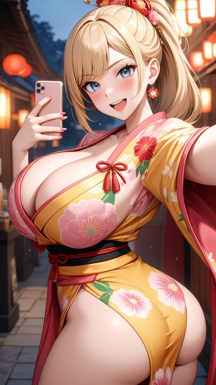 ((one personの女性)), Beautiful Face,Laugh shyly,((Wink:1.6)),laugh with a big mouth,(Selfie with boyfriend),turn bright red,Sweat on the face,Glossy pink lips,evening, Shrine festival stalls,((Anime style background)),masterpiece, highest quality, so beautiful, Latest, Complex details, (Pink long nails),AI-generated, Complex,High resolution, highest quality, super high quality,3D Images、View your viewers、3D Images,one person,Long Blonde Hair,High Ponytail,blue eyes,Anime woman posing for a photo, [[Fine grain、Colorful eyes、Shining Eyes:1.15]],(Squint your eyes:1.1),a hyperRealistic , hyperRealistic , Realistic,Blonde anime woman with long hair, Smooth anime CG art, A woman in a colorful kimono with gold embroidery, (Yellow kimono),Pink floral pattern,Long flower hair ornament,Big earrings,(Big Breasts:1.2),A valley covered with kimonos,Mature Body,expensive,Big Ass,Fine details,Tight waist,Abdominal muscles,Shooting from behind,Twist your body