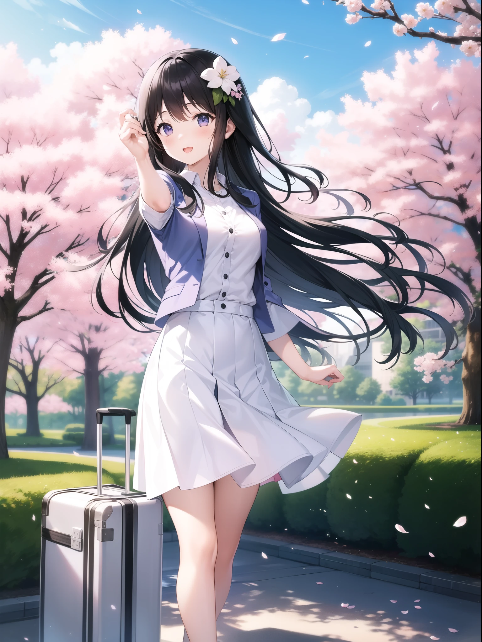 A young woman with long black hair、Wearing a floral vest over a white shirt、Carrying a suitcase、She is wearing a white flower hair accessory.。She has a bright and cheerful look、Standing in front of the Hiroshima Dome。Cherry blossom trees in full bloom々Surrounded by、A scene of flower petals dancing in the air。The sky is clear and blue、It creates a vibrant atmosphere。