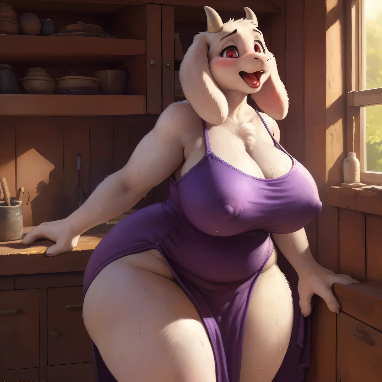 NSFW, [toriel], [Undertale], [Uploaded to e621.net; (Pixelsketcher), ((cute face)), ((bimbo lips)), (red lips), (wamudraws), (woolrool)], ((masterpiece)), ((HD)), ((high quality)), ((solo portrait)), (big behind), ((butt visible)), ((feet visible)), ((furry; anthro)), ((detailed fur)), ((detailed shading)), ((beautiful render art)), ((intricate details)), beautiful, (cute),  mature, {anthro goat; white fur, white nose, (cute maroon eyes), (short eyelashes), (short horn), short fluffy tail, (big booty), (gorgeous wide hips), (thick thighs), (kenket), (showing ass), (open mouth, blush), (surprise), (frown)}, {(big , big breasts, big boobs), (dress, purple dress:1.2), (big butt), (white rune on chest)}, {(standing)), (free hands), (showing tight dress hugging ass), ((sweaty body)), ((wet body)), (looking at viewer)}, [background; (in her room), (nipple outlines under dress), (ambient lighting)], (big ass), (wide hips), (sfw slightly showing thong covered by dress), (thick thighs),  
