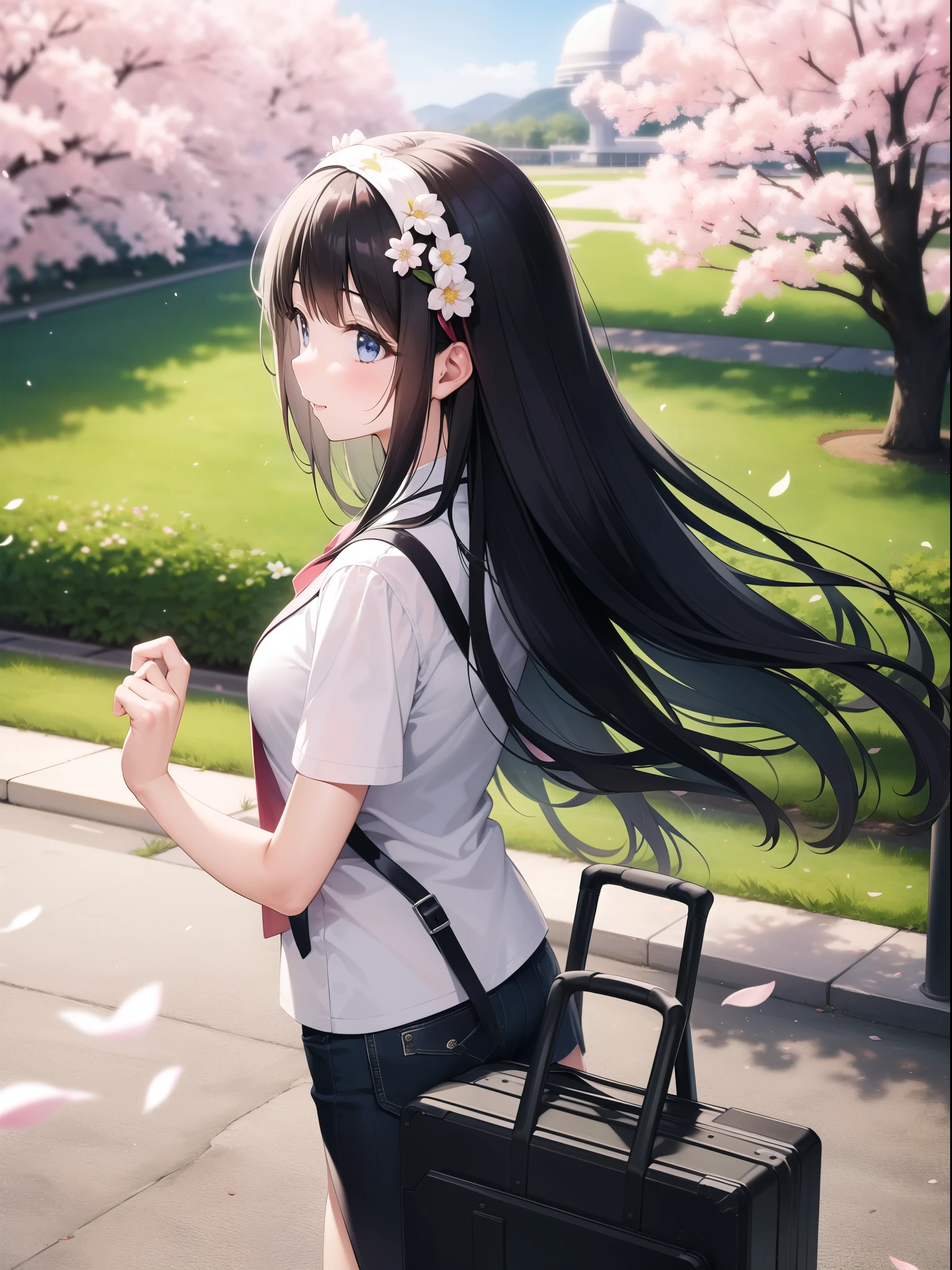 A young woman with long black hair、Wearing a floral vest over a white shirt、Carrying a suitcase、She is wearing a white flower hair accessory.。She has a bright and cheerful look、Standing in front of the Hiroshima Dome。Cherry blossom trees in full bloom々Surrounded by、A scene of flower petals dancing in the air。The sky is clear and blue、It creates a vibrant atmosphere。