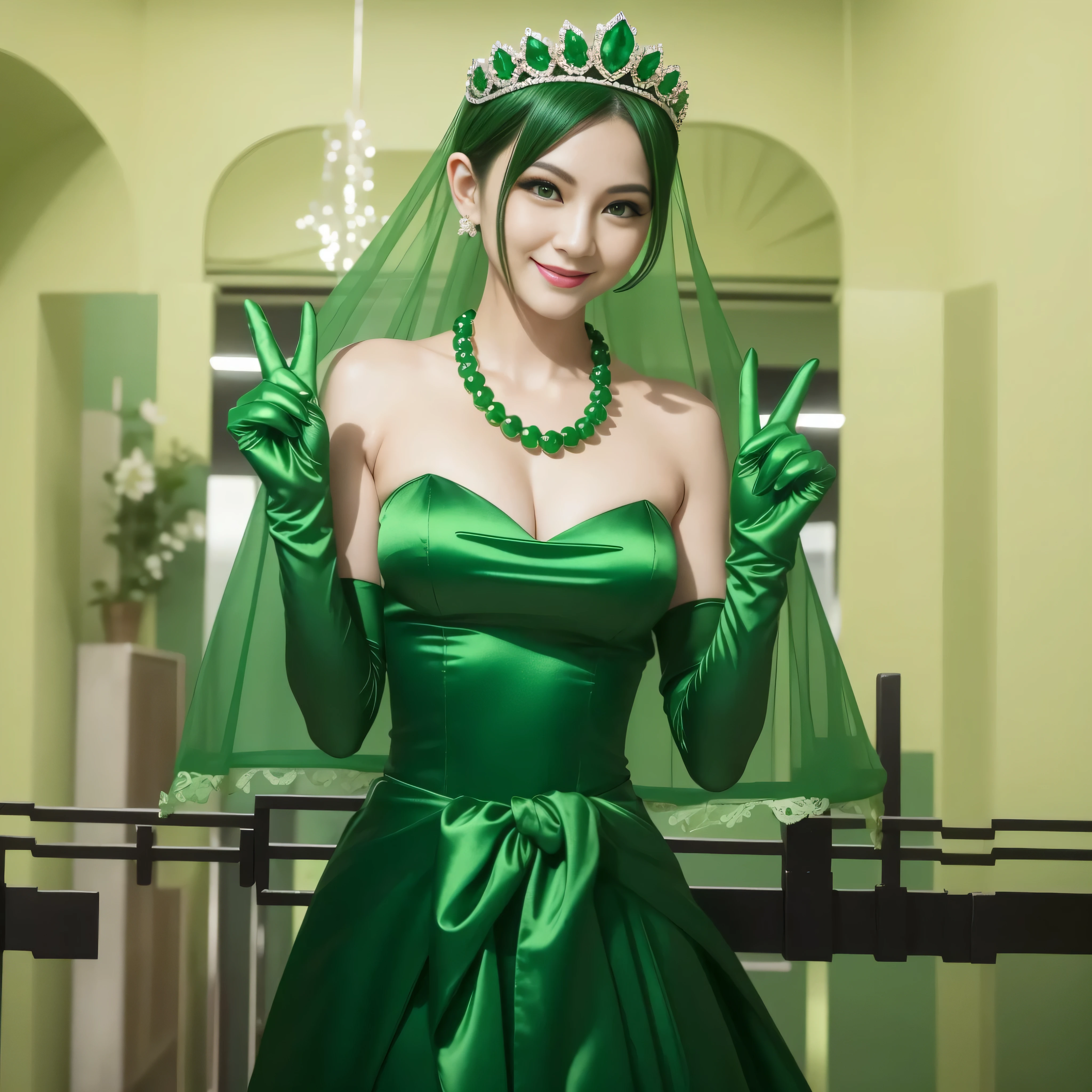 Emerald tiara, Green Pearl Necklace, Boyish very short green hair, lipstick, Smiling Japan woman in her 30s, Very short hair, Big and beautiful, Green Eyes, Long green satin gloves, Big Breasts, V sign, Emerald Earrings, Green veil