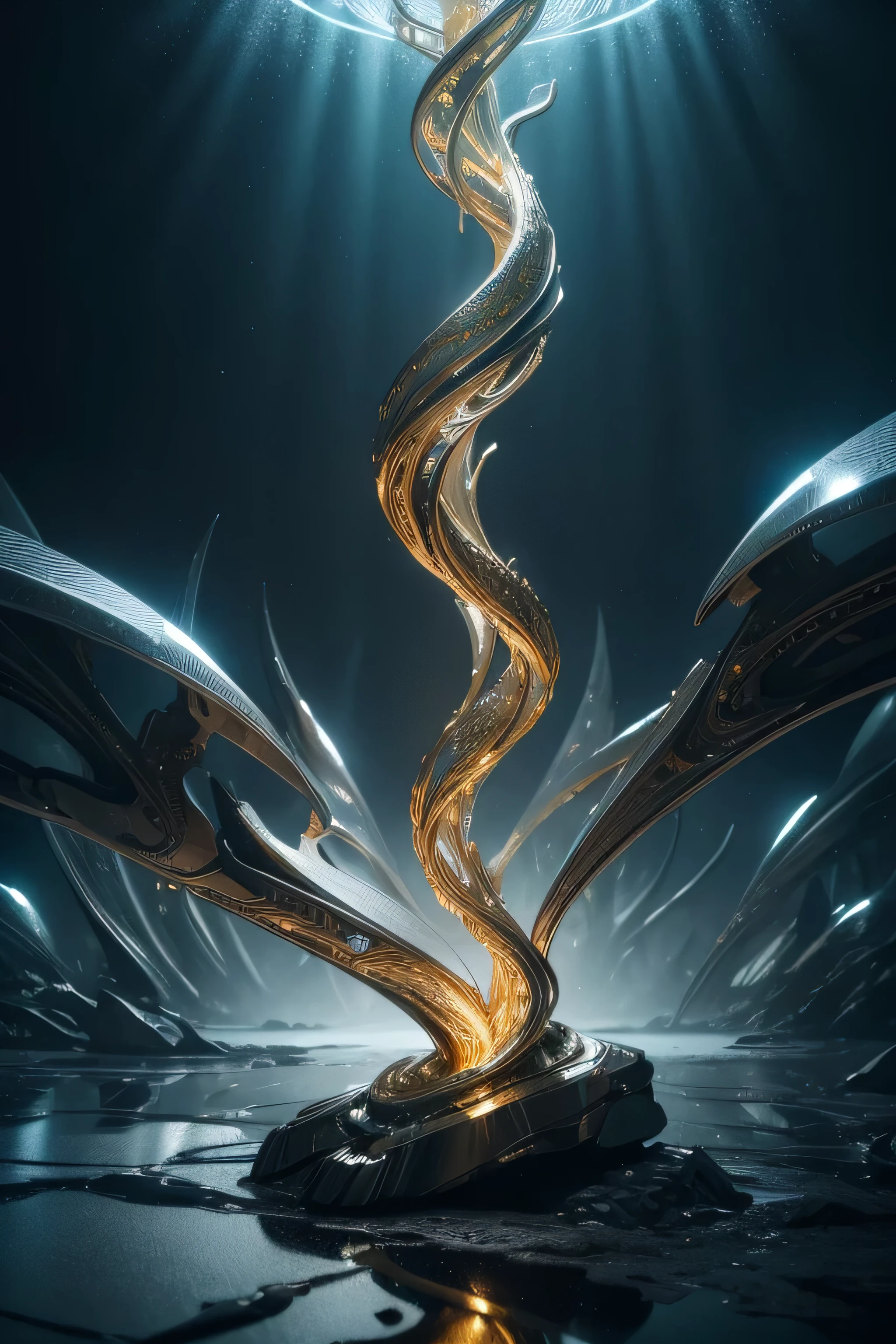 Stunning liquid metal fantasy art, Extremely detailed 8K, Ultra-realistic, Professional Digital Painting, Detailed metal robot figure, Liquid metal, like flowing mercury, shining chrome and gold, Surreal and otherworldly, Dramatic lighting, Gloomy atmosphere, Structure of the film, Glowing Energy Effect, Fascinating Texture, futuristic cyberpunk, Complex machine details, Seamless integration of organic and inorganic forms, Breathtaking visual complexity, Beautifully executed, Awe-inspiring、Create an immersive experience,Extremely detailed and intricate liquid metal sculptures, Bright metallic finish, shining chrome, Dynamic Abstract Forms, Complexly twisted、flowing shape, Seductive reflections, Dramatic lighting, Realistic
