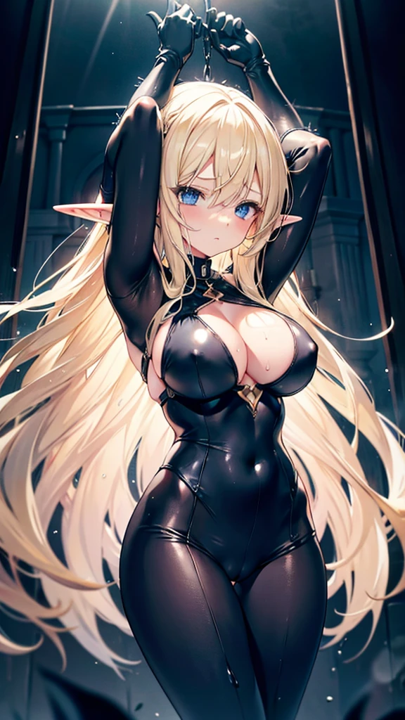 Blonde hair and blue eyes Long Hair Elf Big Breasts Wet Black bodysuit erotic Big Breasts beauty cute highest quality Scared Vigilance Dark Room night black tights Thief get caught Struggling