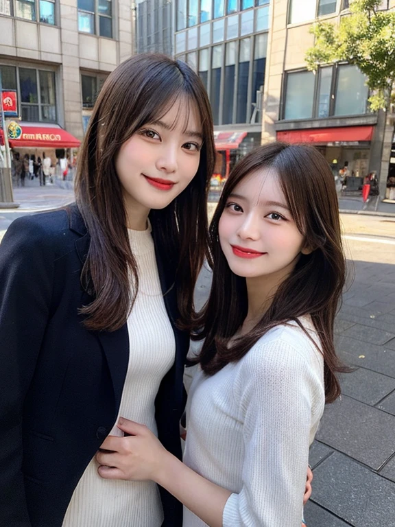 Beautiful Asian women and beautiful men、Beautiful eyes that women are drawn to、man talking to woman、Being asked out on a date、the two are laughing、Women with medium long hair、The whole body is visible、The background is the city
