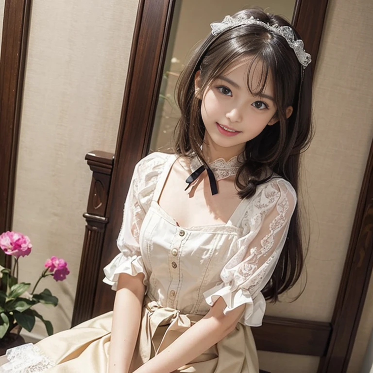 photo realistic, , photo of over the knees:1.2, from below, medium wide shot, a Japanese pretty girl, smile, double teeth, pretty face, happy, eye contact, 14-year-old, double braid, small breasts, flat chest, wearing a gold satin dress, pretty dress with many frills and laces,  Lace Ruffle Gathered Blouse 
,A large lace ruffle that spreads softly
Colors, the area around the face
In the center of the eye-catching ribbon,
Make it more gorgeous with a heart bijou button ,Lace cuffs and stand collar
,It gives a crisp impression