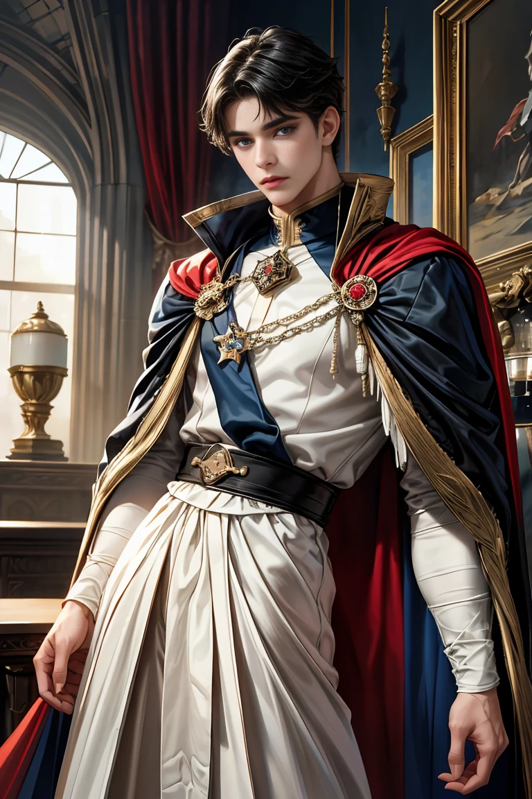 masterpiece, 最high quality, high quality, 1 boy, alone, Male focus, Watching the audience, Messy black hair, Adorable big blue eyes, White, Noble, Noble,Sexy Bomber Cape、A very voluminous, large, very large, very large, long, long red and black cape with a high stand-up collar, made of a lot of fabric that reaches down to the floor., 17 years old,Cute beautiful boys,Cute, cute, kind, handsome guy