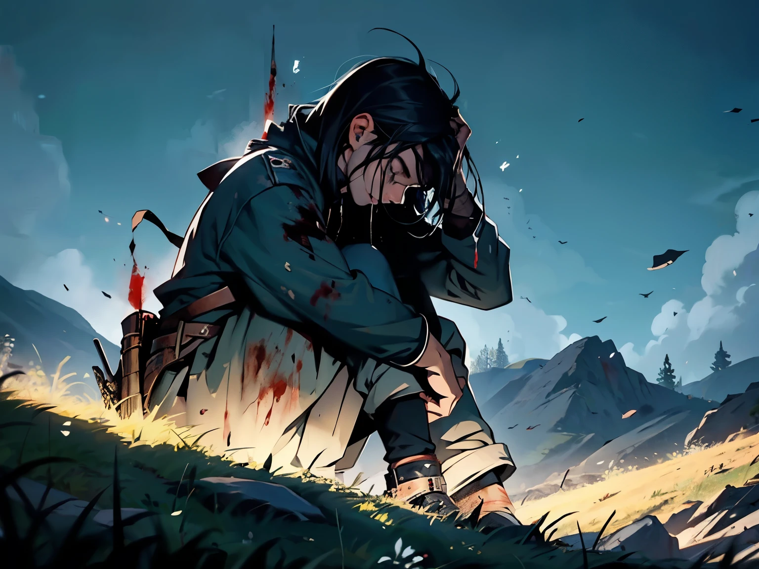 warrior sad and distressed by the war in a calm setting on a hill sitting on the grass looking at his own hands stained with blood, obra minimalista, Dark setting, estilo anime pintura, estilo 2d detalhado, looking at blood stained hands, cenario que mostra caos e desespero, horror setting, cores escuras, preto branco e vermelho, sangue por toda parte,