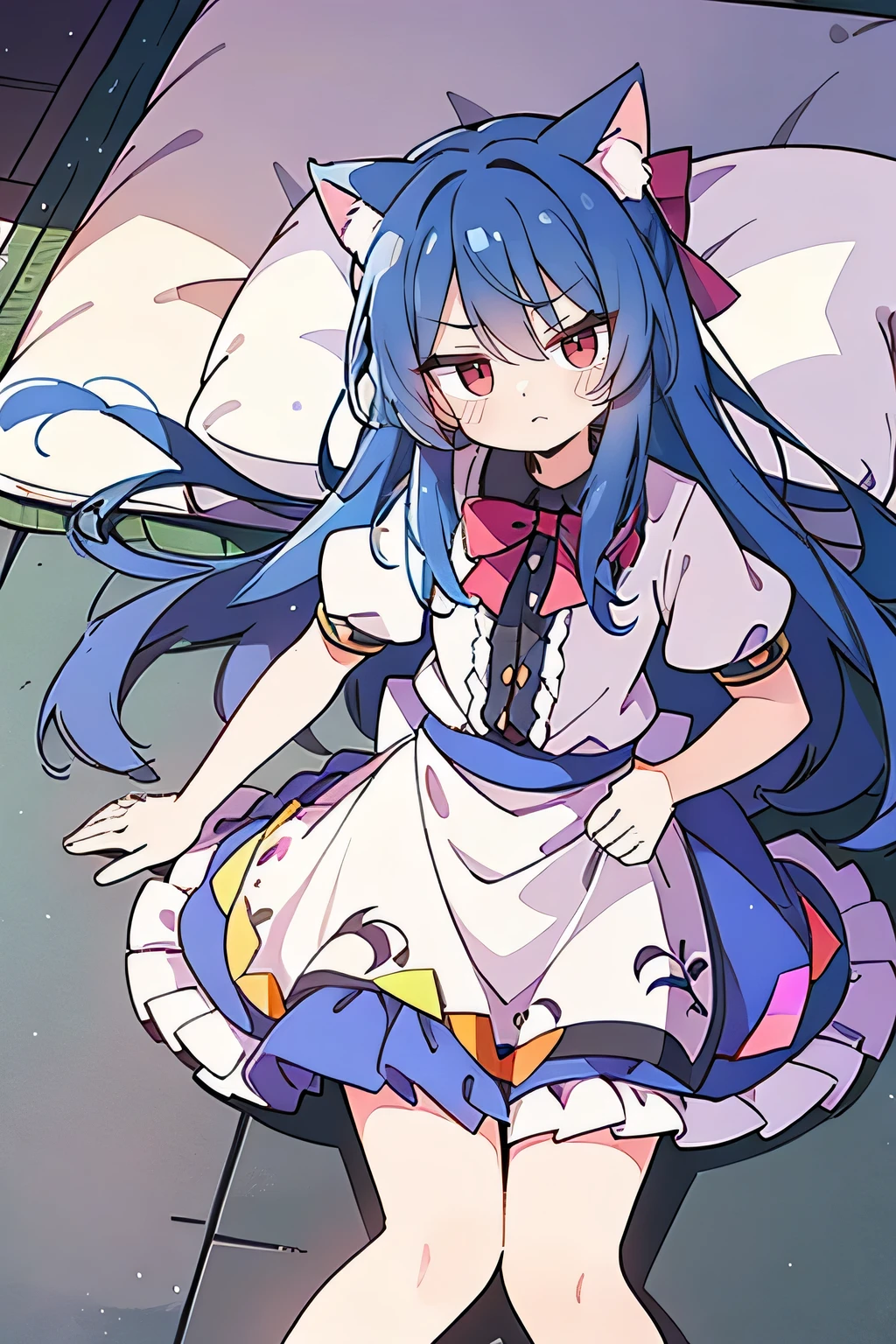 (Masterpiece), best quality, expressive eyes, perfect face, 1girl,
Put your hands on your waist, fair, gorgeous, Japanese comics, girl, Lola, young angel, blue hair, blue hair, flowing clothes, hug the waist, hug the waist, hands on hips, hands on hips, lay down , lying on the ground, legs on the ground, flat chest, cat ears