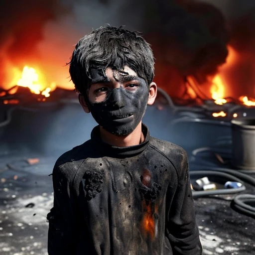 A boy was caught in an explosion and was covered in soot and charred.