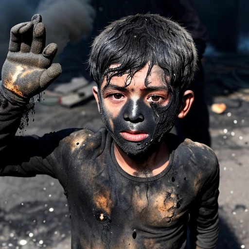 A boy was caught in an explosion and was covered in soot and charred.