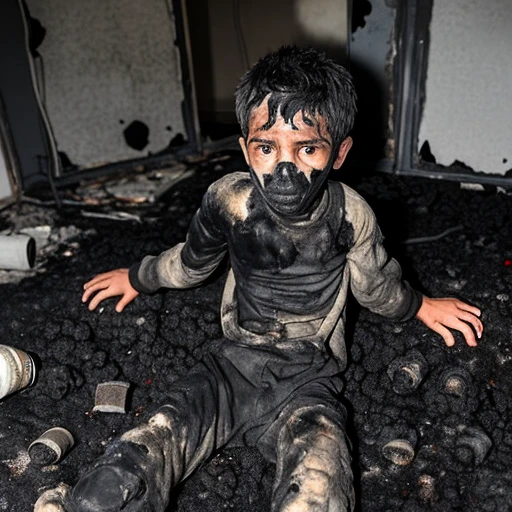 A boy covered in soot who caused an explosion while mischief
