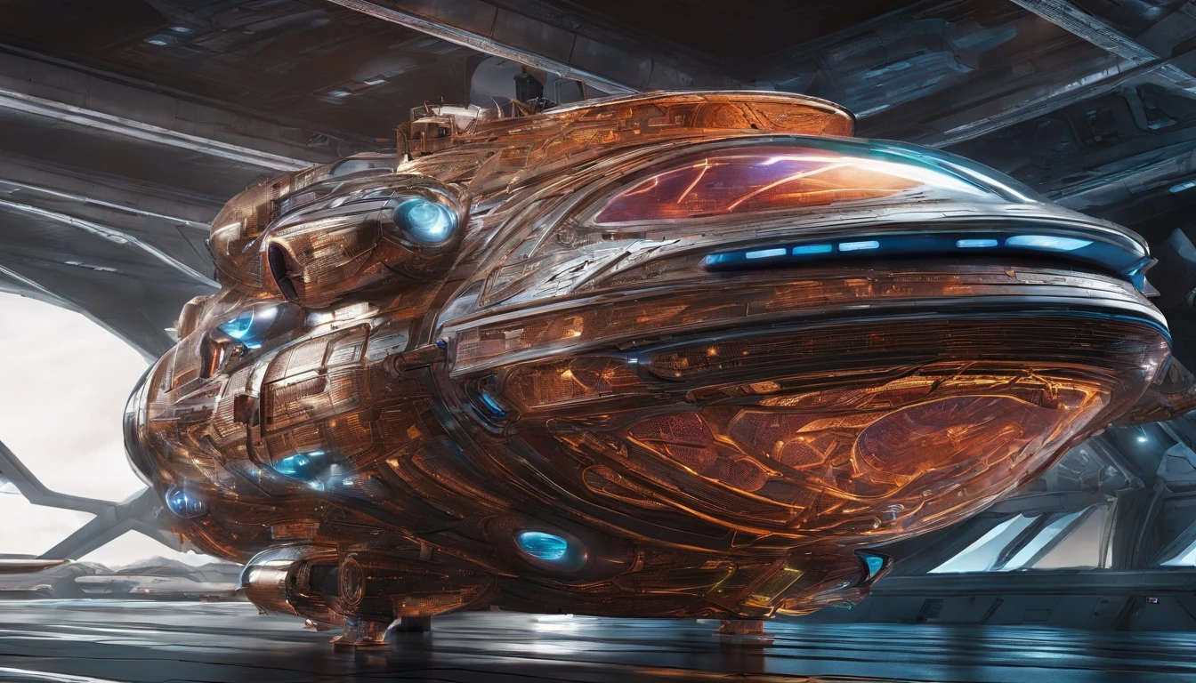 An awe-inspiring 3D render of a futuristic starship, seamlessly merging the imaginative realms of Jules Verne, Cosmicpunk, Gerry and Sylvia Anderson, Larry Niven, and Jules Verne. ((!The spaceship's base design 30% of the Babylon 5 station. The starship's bridge is a 75% version of a 1957 Chevy Nomad, and a 1980s Mack Truck cab))).An avant-garde art piece suspended in mid-air, defying gravity with its intricate and ethereal beauty. The multidimensional sculpture, inspired by a chart, is a dazzling blend of metallic and translucent materials, reflecting light in a mesmerizing array of colors and patterns. At its core: stunning 3D sculpted futuristic starship from the 24th century. The ship boasts 4 unique 9 volt battery-shaped glass diamond nacelles - two positioned above the main body and two situated at the rear, interconnected by pulsating blue conduits. The bridge of the vessel resembles a circular, elongated 1974 Winnebago suspended at the front by lemon-colored pylons. The ship's triangular body, which spans 288 feet, is adorned in a captivating palette of dark orange, forest green, and black cherry tones. Envelopes the composition with dynamic elements such as passing meteors and a vibrant nebula-like planet featuring multicolored meteors to create an immersive cosmic spectacle. Constructed metallic steely blue wires and filament, connecting nodes and data points in a mesmerizing dance of connectivity and complexity.
 The metallic gold surface, rich forest green texture, and luxurious plum accent strip create a stunning visual effect. Fiery details adorn the sides, enhancing the starship's otherworldly appearance. The spacecraft flies near an exquisite planet with vibrant rings, a nearby nebula, and a few other ships, creating a breathtaking scene., photo, portrait photography, 3d render, cinematic, architecture, conceptual art, fashion, dark fantasy, vibrant, graffiti, ukiyo-e