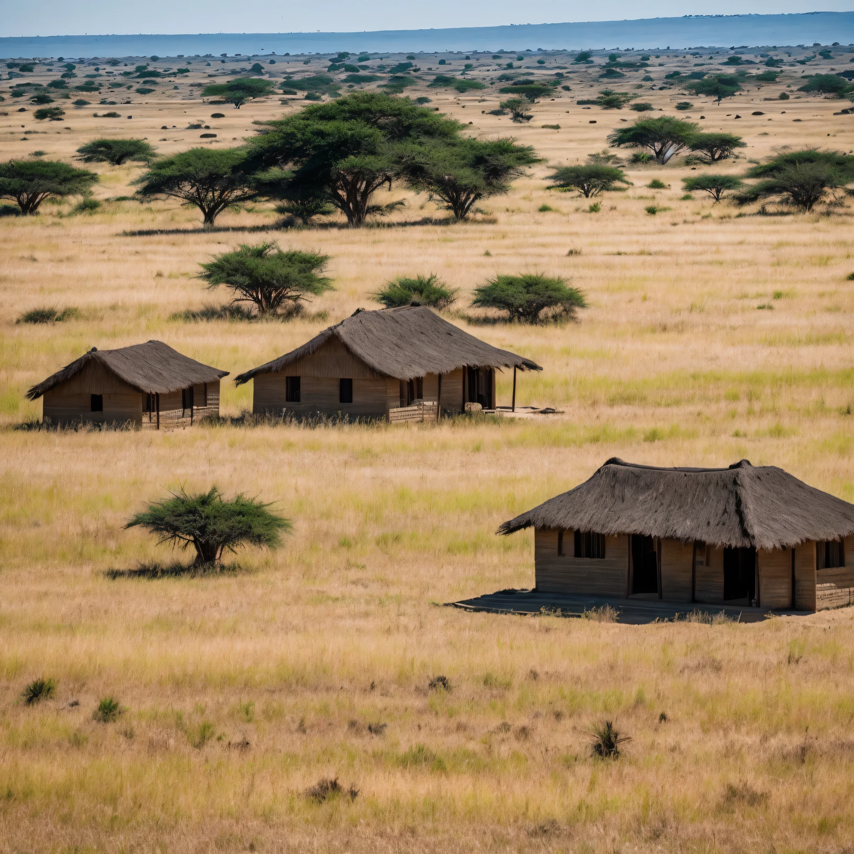 African plains. Tall grass . Traditional serengeti homes.