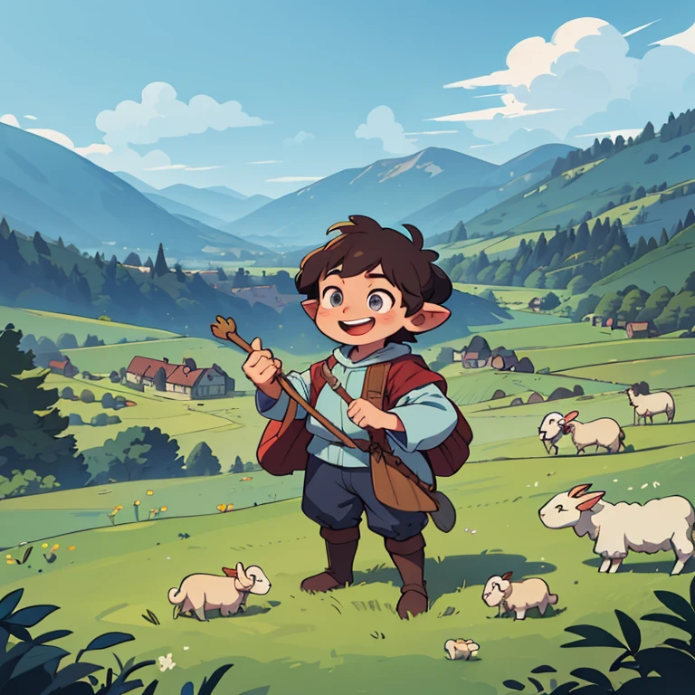 ((best quality, masterpiece)), fantasy, medieval, the shepherd boy laughing and standing on the hill with sheep looking over the village people farming in the valley. blue sky. big two eyes