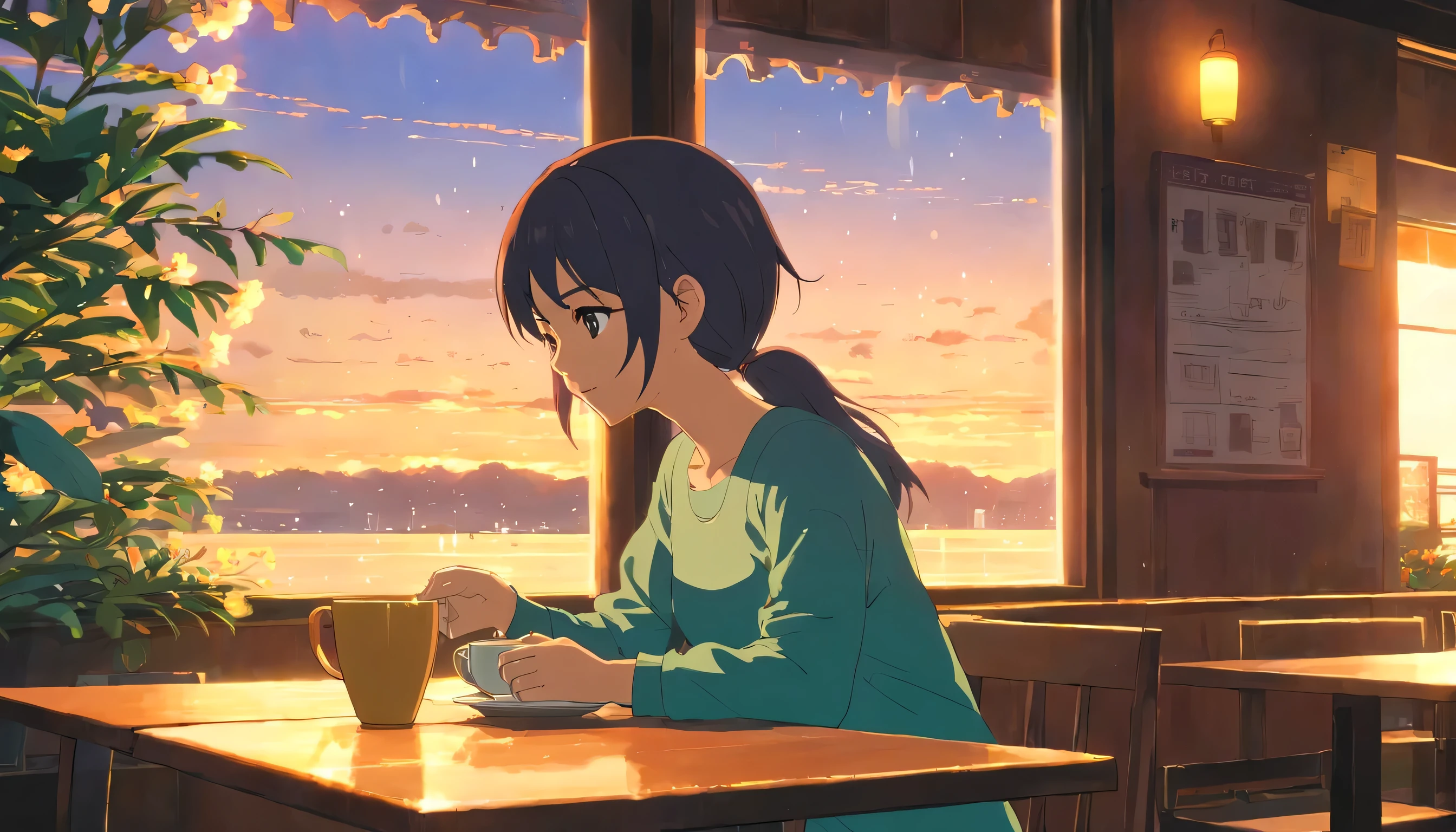 continue the sequence of this anime in the table above and Draw the inside view of a cozy cafe. Mostre uma garota sentada perto de uma grande janela, escrevendo em um caderno. A garota deve ter cabelo castanho, be wearing a comfortable blouse and be focused on your notebook. Na mesa, pour a steaming cup of coffee, alguns livros e um vaso com flores. Lighting should be soft and yellowish, criando uma atmosfera acolhedora. Fora da janela, the rain must be visible.
