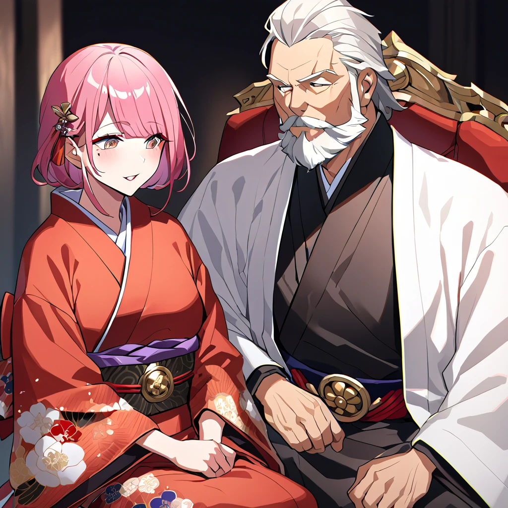 ((highest quality)), ((masterpiece)), (detailed), （Perfect Face）、（The woman is Rena, with short pink hair and a gentle smile. She is in a luxurious samurai mansion and is the wife of Oda Nobunaga. She is wearing a gorgeous, brightly colored, patterned and embroidered uchikake kimono, befitting a wife, with her hair cut out of one side, and she has gorgeous combs and hairpins, as well as gorgeous accessories from the Edo period.）、The man and woman are close together, the Shogun and his wife are in a dignified position. The husband is 60 years old and the wife is 32 years old.、The man is Oda Nobunaga, a dignified man with a beard, wearing a formal crested hakama.