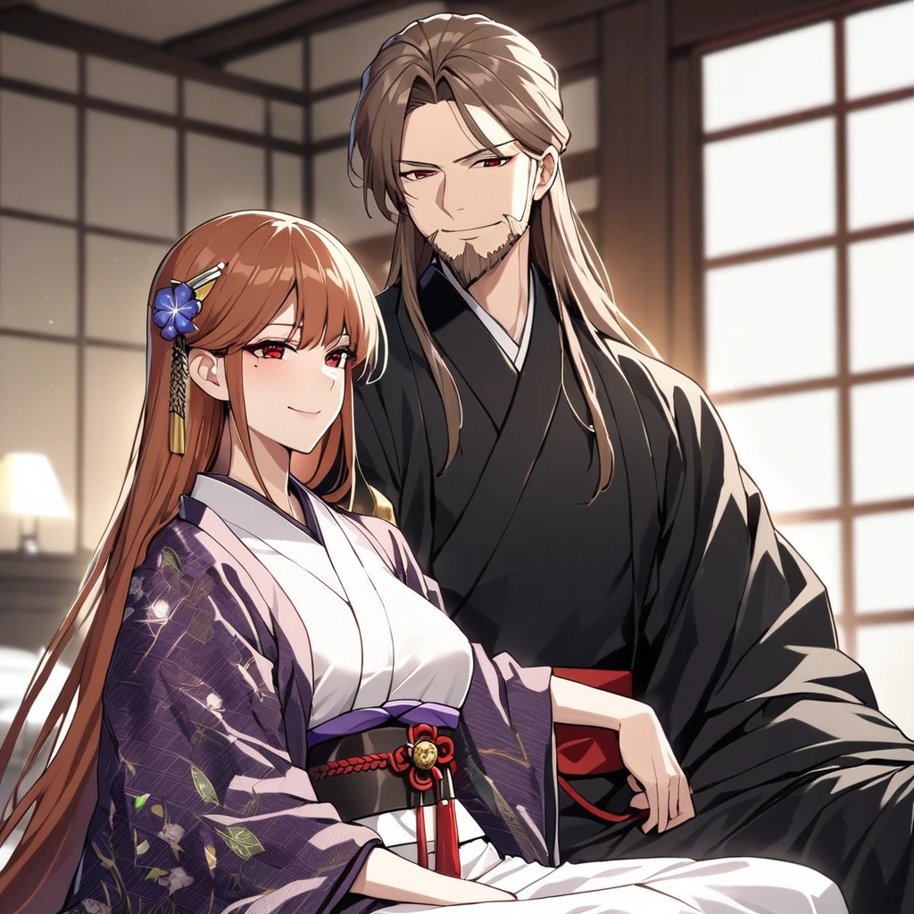 ((highest quality)), ((masterpiece)), (detailed), （Perfect Face）、（The woman is Princess Leona, with long, straight light brown hair, a slender figure but average breasts, a gentle smile, and is in a luxurious samurai mansion. She is the wife of Oda Nobunaga, and is wearing a gorgeous, brightly colored, patterned, and embroidered uchikake kimono befitting a wife, with her hair upturned in a side-split style, and she has gorgeous combs and hairpins, as well as gorgeous accessories from the Edo period.）、The man and woman are close together, the Shogun and his wife are in a dignified position. The husband is 60 years old and the wife is 32 years old.、The man is Oda Nobunaga, a dignified man with a beard, wearing a formal crested hakama.