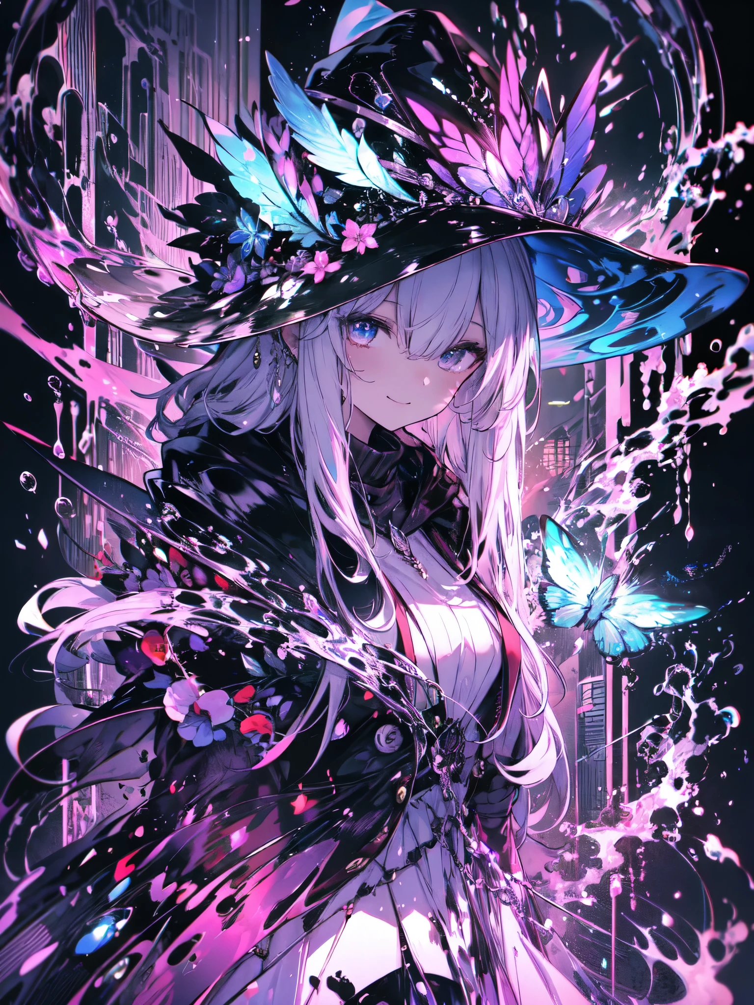 (masterpiece), highest quality, Expressive eyes,A man wearing a hat standing in a field, Silkscreen, pixiv Contest Winner, Fantasy art, [ bioluminescent colors ]!!, Beautiful witch spooky woman, Stream on Twitch, colorful aesthetic, Hyper Light Drifter Color Palette, Benevolent Android Necromancer, Black slime, Josan Gonzalez!!!, Beautifully presented, High resolution　Wicked Smile