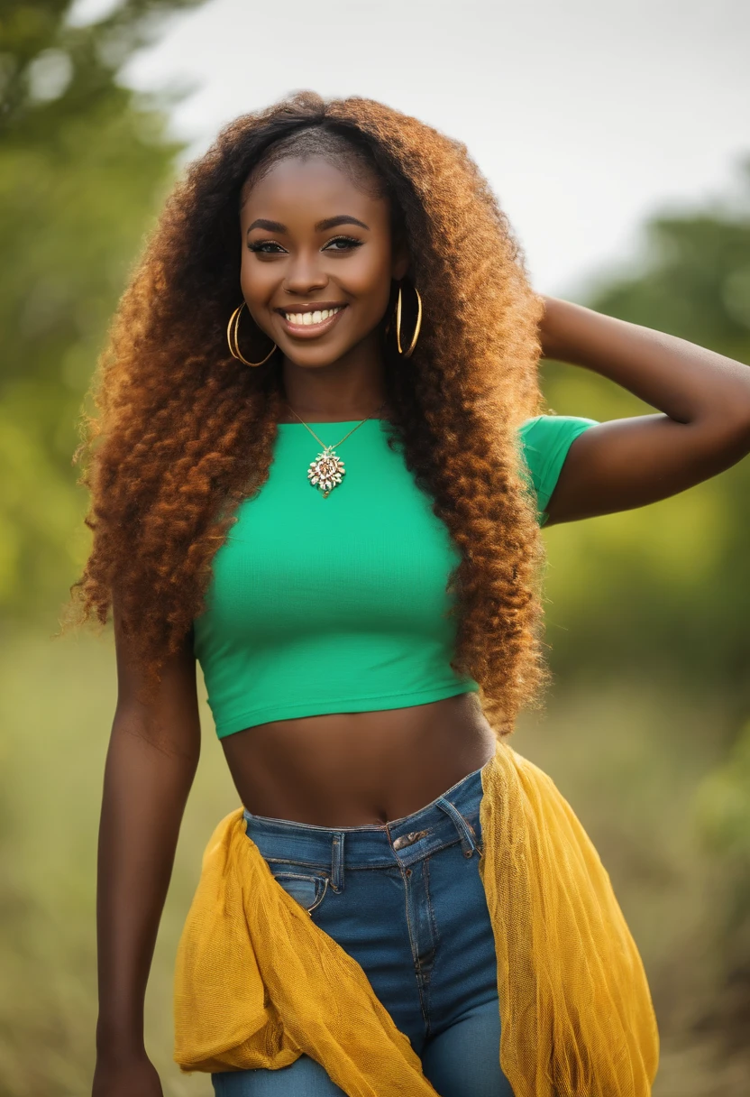 22 year old Zambian girl, light green crop top, blue jeans, brunet l, long hair, smile, yellow hair band, necklace, earrings, full body picture
