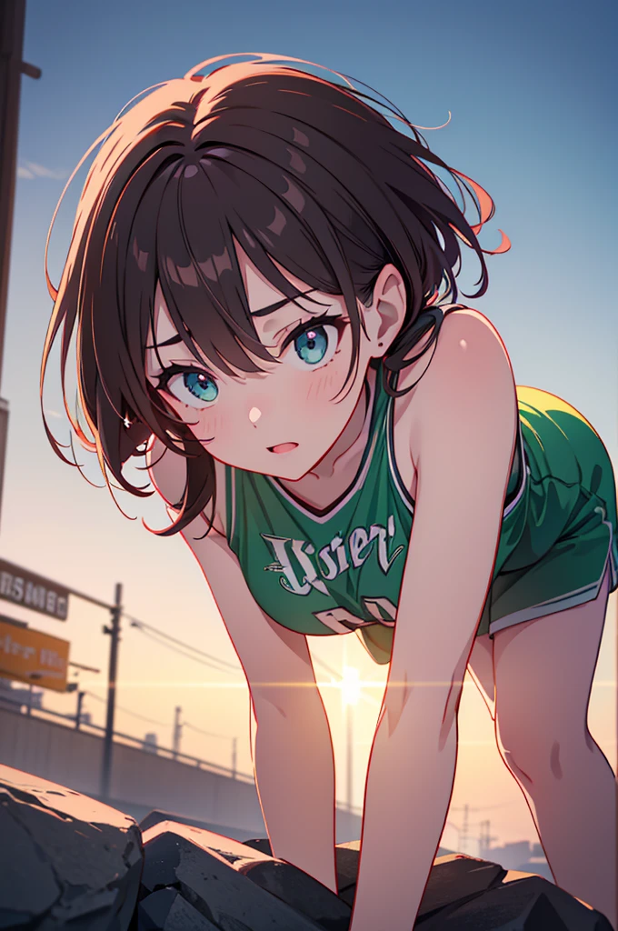 a woman basketball player, green shirt with Sena written, on all fours, large buttocks, gaping anus, focus on anus, (best quality,4k,8k,highres,masterpiece:1.2),ultra-detailed,(realistic,photorealistic,photo-realistic:1.37),extremely detailed eyes and face, longeyelashes, detailed female anatomy, intricate details, hyper realistic, cinematic lighting, vivid colors, dark and moody atmosphere