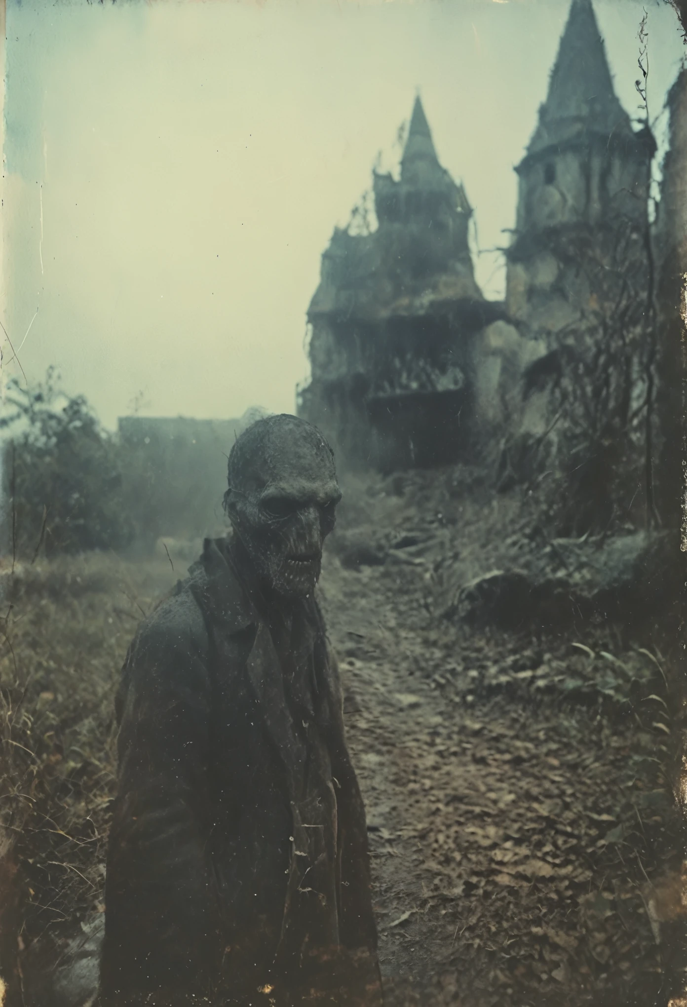 side-view, perspective, grainy, polaroid, 35mm vintage, super realistic old photo, old camera, heavy shading, eerie, horror, civilization suppressed by monsters, lovecraft, cthulu, Baldur's gate