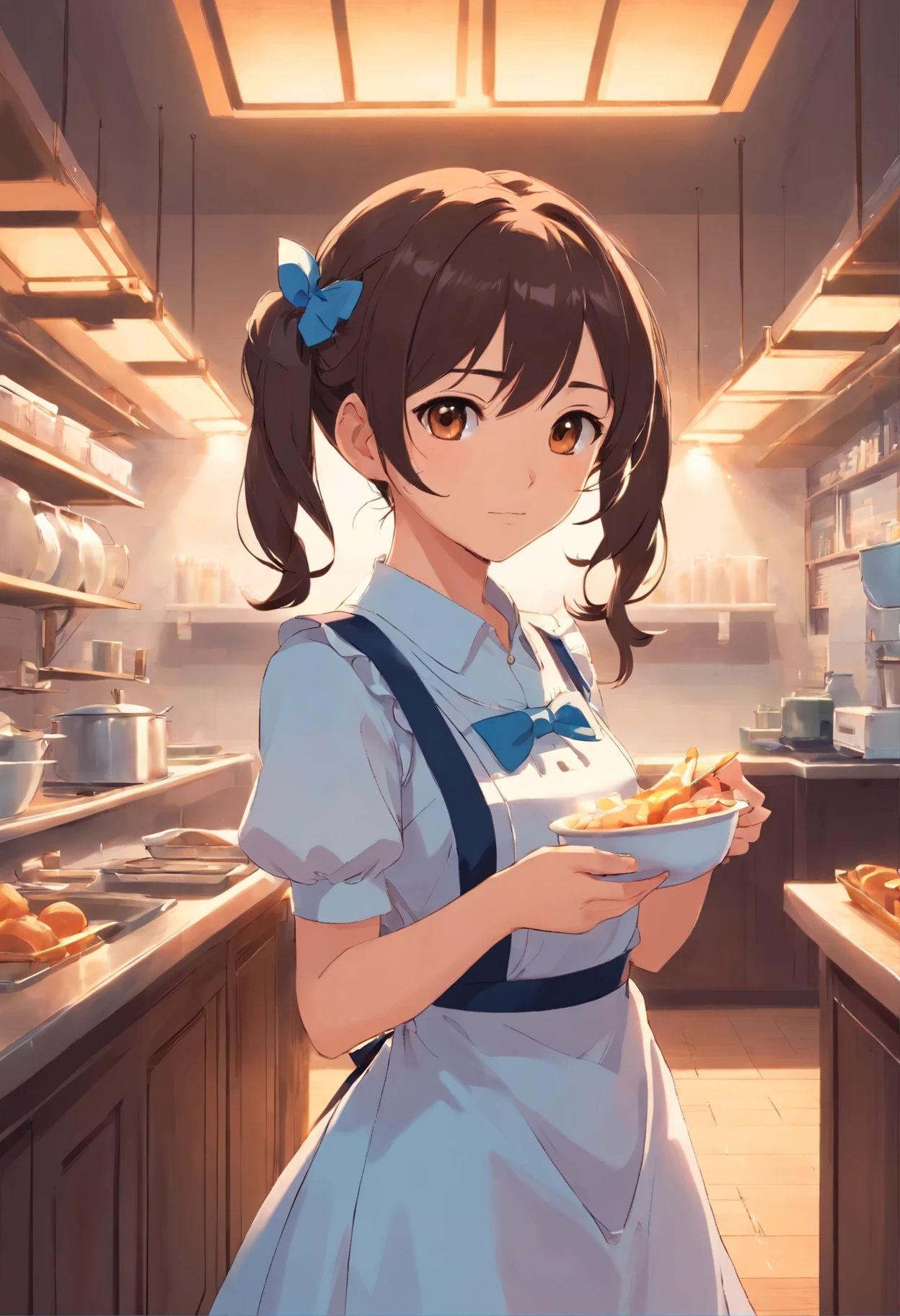 (best quality), (superior quality), 1girl, dark hair, twin pigtails, maid, maid costume, brown eyes