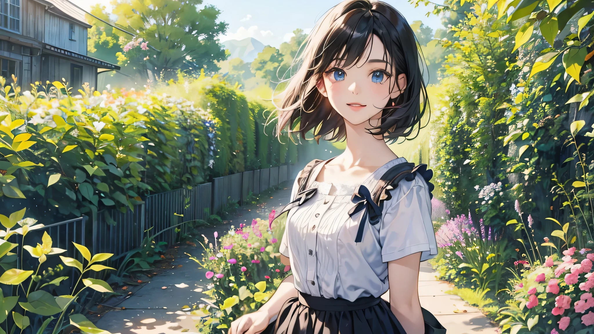 (digital illustration, 4K, 8K, very detailed, beautiful image, clear image, perfect face, perfect line, perfect eyes, soft lighting)girl、black short hair、Short hair、best、short sleeved shirt, check skirt、laugh、flower garden、holding flowers、april