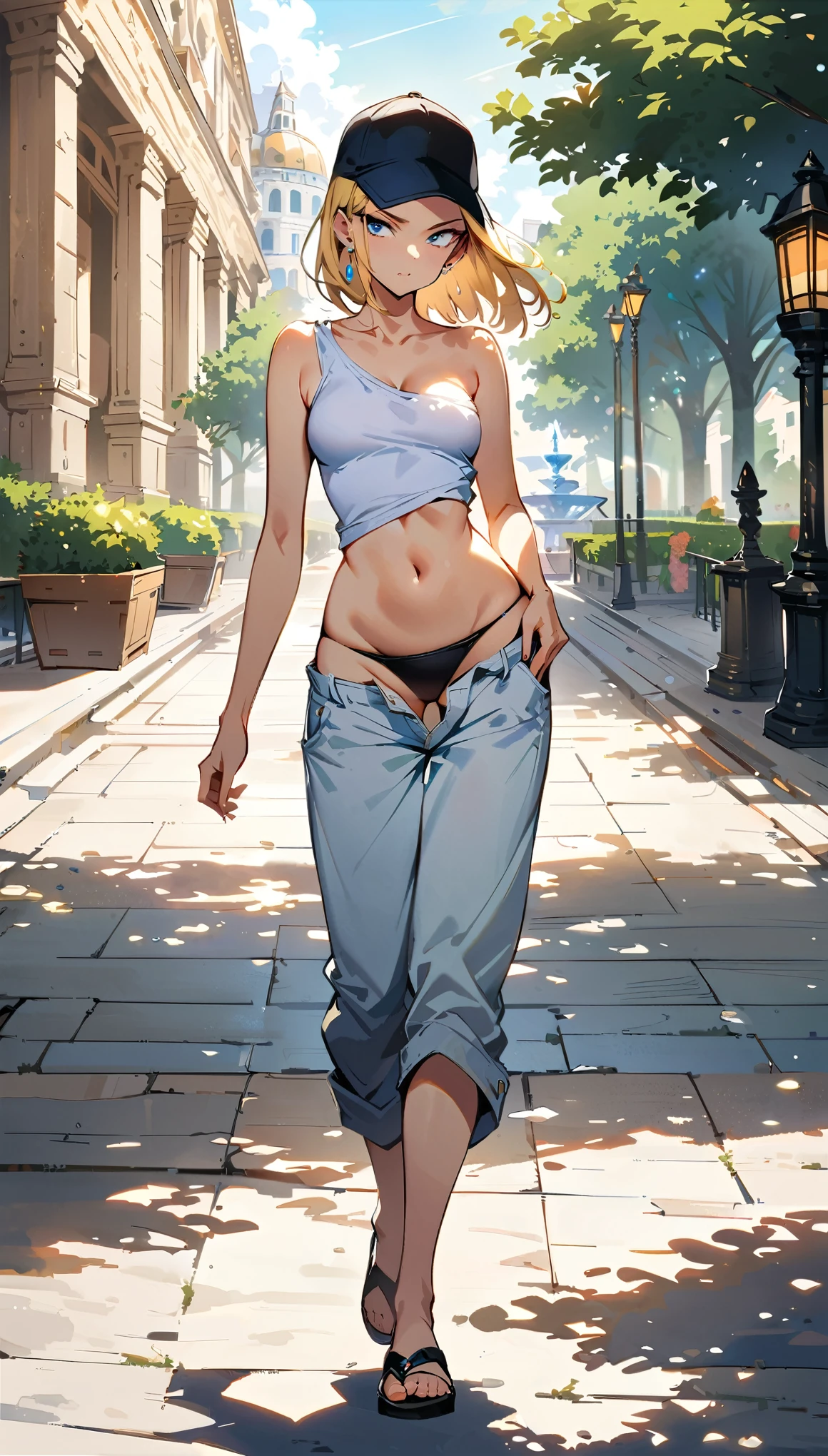 (masterpiece, best quality:1.2), full body shot, solo, Android 18 from Dragon Ball, collarbone, cleavage, ((slip-on one-shoulder crop top)), (light gray top:1.2), no jacket, midriff-baring, navel, ((white baggy pants with one button undone)), skimpy thong swimsuit, small breasts, short blonde hair loose, ((blue eyes)), ((wearing glasses)), earrings on earlobes, slender feminine figure, narrow waistline, skinny body, (plane black baseball cap), (cap without logo), beach sandals, sunlight, walking, Valletta, Triton Fountain, facing the camera, blur background, 4K