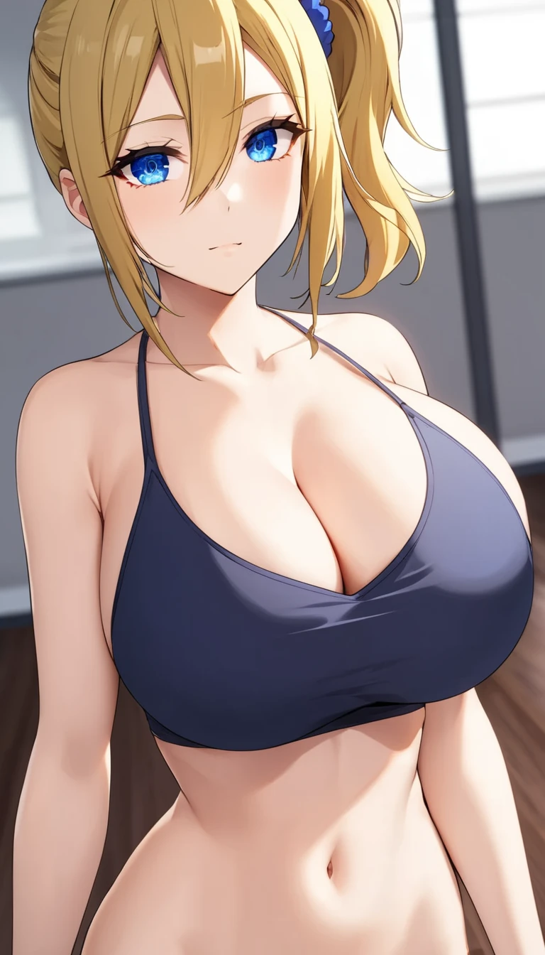 (masterpiece:1.2, best Quality:1.1, 32K HDR, high resolution), (big breasts:1.1, cleavage:1.1, perfect slim body:1.2), (detailed face, detailed eyes, detailed skin texture), ai hayasaka, bangs, blue eyes, blonde hair, hair ornament, hair between eyes, sidelocks, side ponytail, scrunchie, hair scrunchie, blue scrunchie, solo, 1girl, indoors, ((long shoot, Extreme Long Shot))