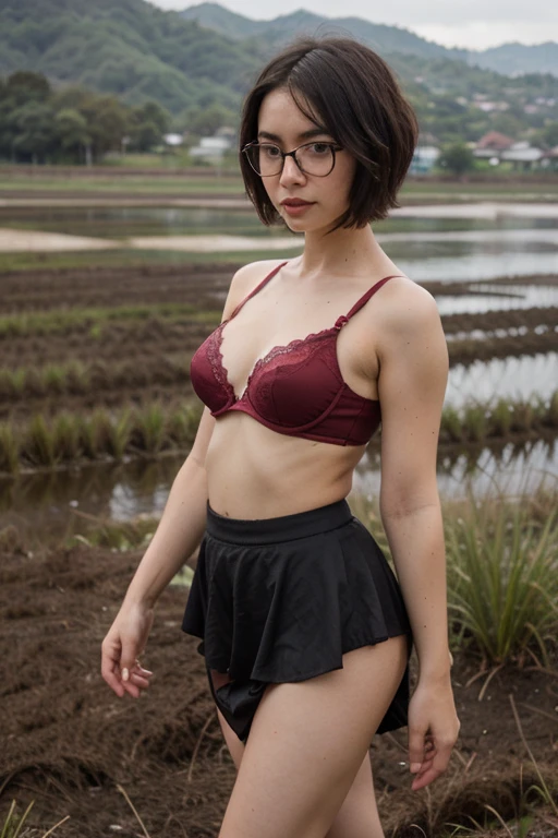 ((Masterpiece)), ((Best Quality)), A middle-aged short-hair woman, ((She spreads legs)), ((from below)), ((She is wearing floral satin panties)), topless, She is wearing gloves on her hands, She is wearing boots, in a mountain path, she is wearing her skirt