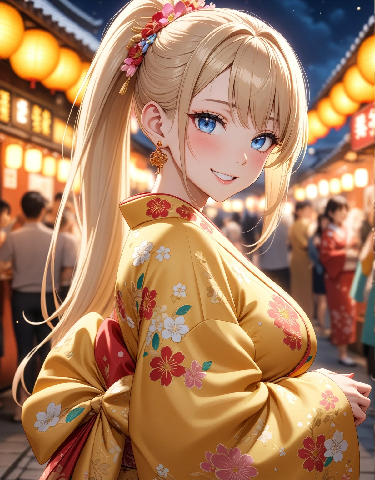 ((One girl)), Beautiful smile,Very happy expression,Smile kindly,Glossy Lips,Abstract, night,Festival food stalls, ((Anime style background)),masterpiece, highest quality, so beautiful, Absurd, up to date, Complex details, (Pink long nails),AI-generated, Complex,High resolution, highest quality, super high quality,3D Images、View the viewers、3D Images,one person,Long Blonde Hair,High Ponytail,blue eyes,Anime woman posing for a photo, [[Fine grain、Colorful eyes、Shining Eyes:1.15]],(Squint your eyes:1.1),a hyperRealistic , hyperRealistic , Realistic , Blonde anime woman with long hair, Smooth anime CG art, A woman in a colorful kimono with gold embroidery, Black kimono,Pink floral pattern,Flower Hair Ornaments,Earrings,(Large Breasts:1.3),Mature Body,tall,Big Ass,Fine details,Abdominal muscles,Leaning forward,Holding takoyaki in hand