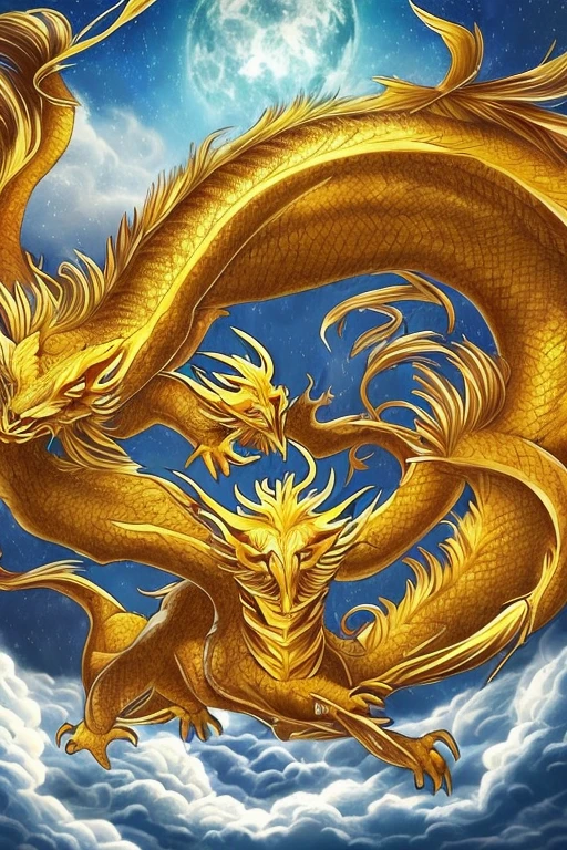 So sublime and divine々A beautiful golden dragon floats in the center of the screen, glaring at the camera.。金色のThe dragon is幸せをもたらす神なのでとても有難い存在である。The surrounding area is a canyon where no one can get close, and lightning is flashing in the background.、The sun is shining brightly。The dragon is、I want a realistic image。