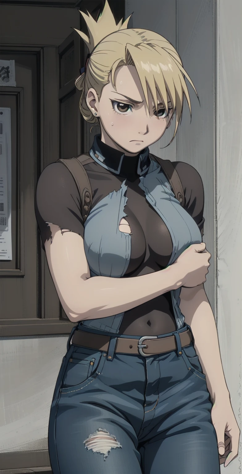 masterpiece, highest quality, High resolution, One Girl, Hamriz, ponytail, Brown eyes,Big Breasts、Brown Inner、Tight shirt, holster, Short sleeve, belt, Covered navel, Blue pants、、Shadow、Remains,Outdoor、Upper body close-up、Muscular body、blush、Sweat、Composition from the front、anime、(((Torn clothes、One breast exposed、Soil stains、Tattered clothes、真Composition from the front、Sweat、Embarrassing、blush、Stand in front、Pussy Line、、audience)))
