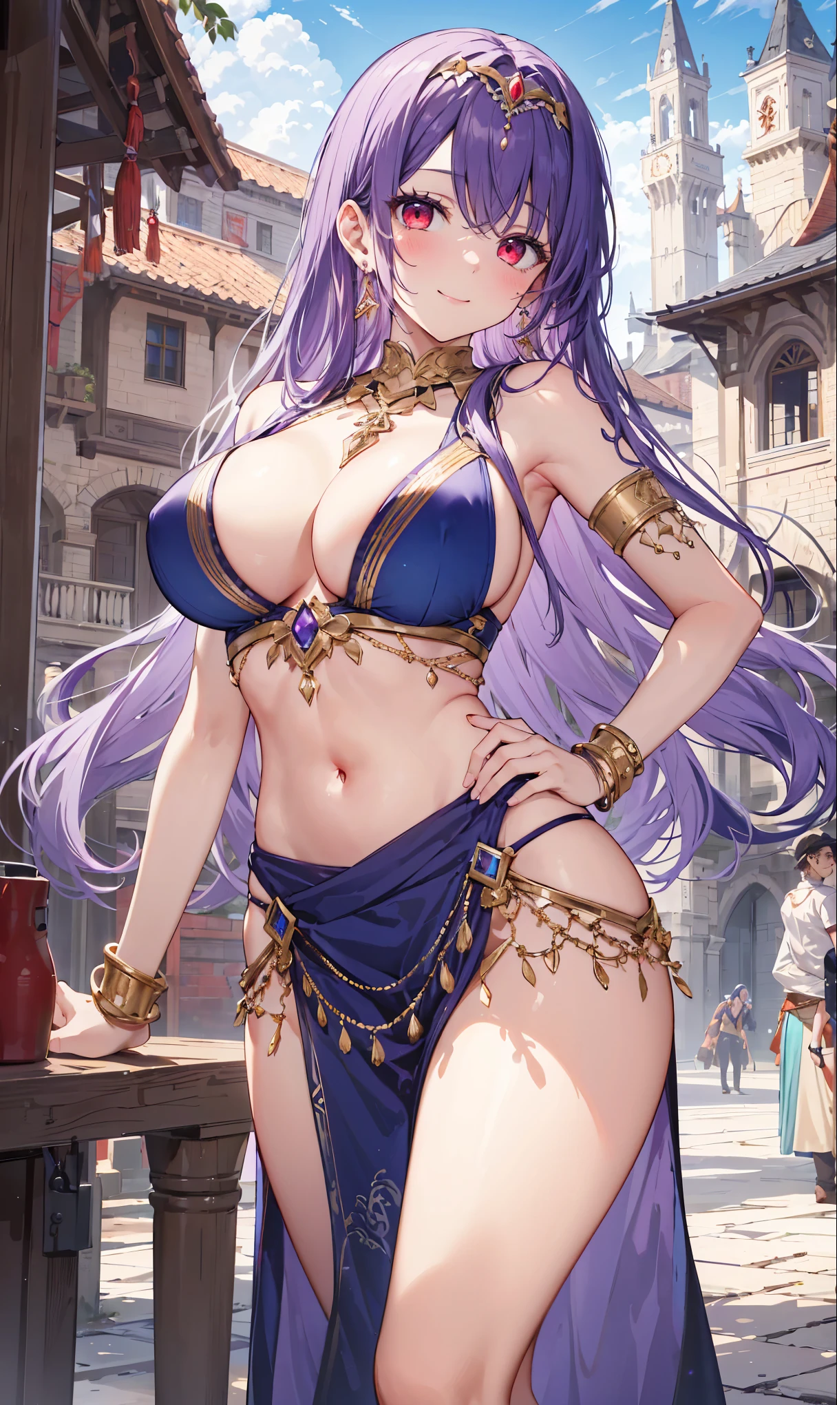 high quality, ultra detailed, best quality, insanely detailed, beautiful, masterpiece, 1girl, medieval plaza, cowboy shot, red eyes, long hair, purple hair, belly dancer, circlet, earrings, armlets, bracelets, bashful smile, large breasts, cleavage, soft stomach