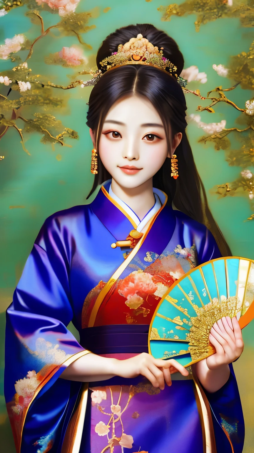 arafed woman in traditional chinese dress holding a fan and posing for a picture, a detailed painting by Zhang Shuqi, flickr, cloisonnism, ancient chinese beauties, traditional chinese art, chinese art, ancient china art style, chinese woman, traditional beauty, ancient chinese princess, traditional chinese, chinese girl, beautiful render of tang dynasty, wearing ancient chinese clothes